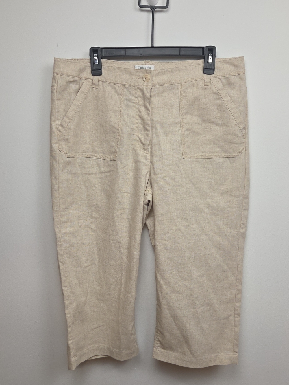 Women's Beige‎ Linen Blend Casual Cropped Capri Pants Coastal Minimalist Plus 14